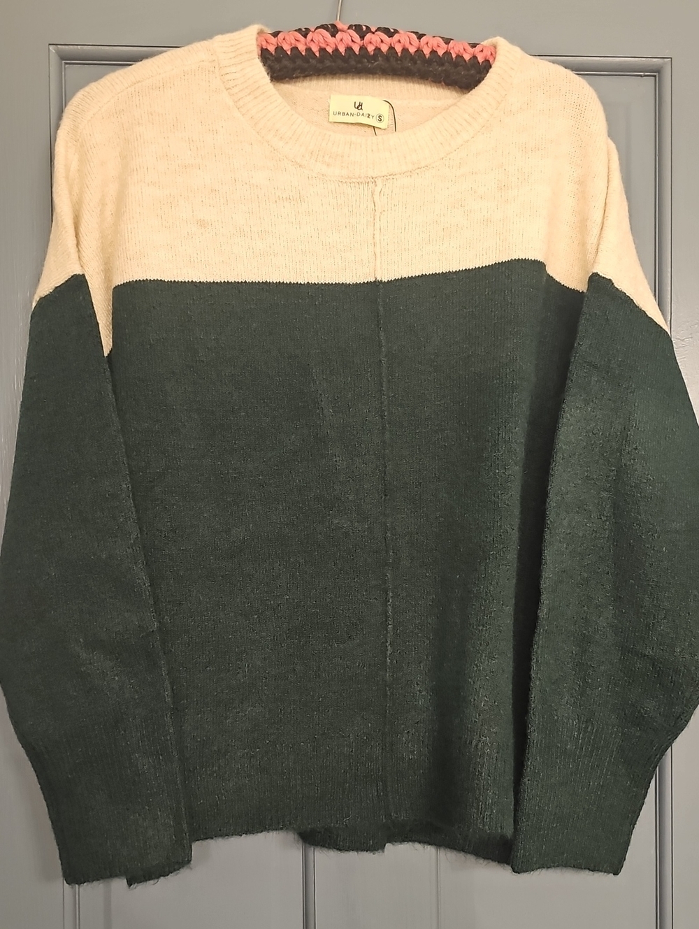 Urban Daizy Colorblock Crewneck Sweater Cream Dark Green Small Oversized